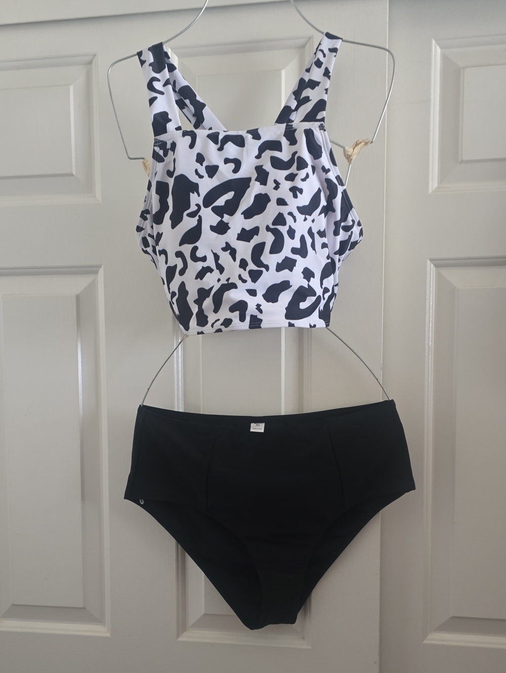 Black & White Leopard Print High Neck Bikini Top with Black High Waist Bottoms
